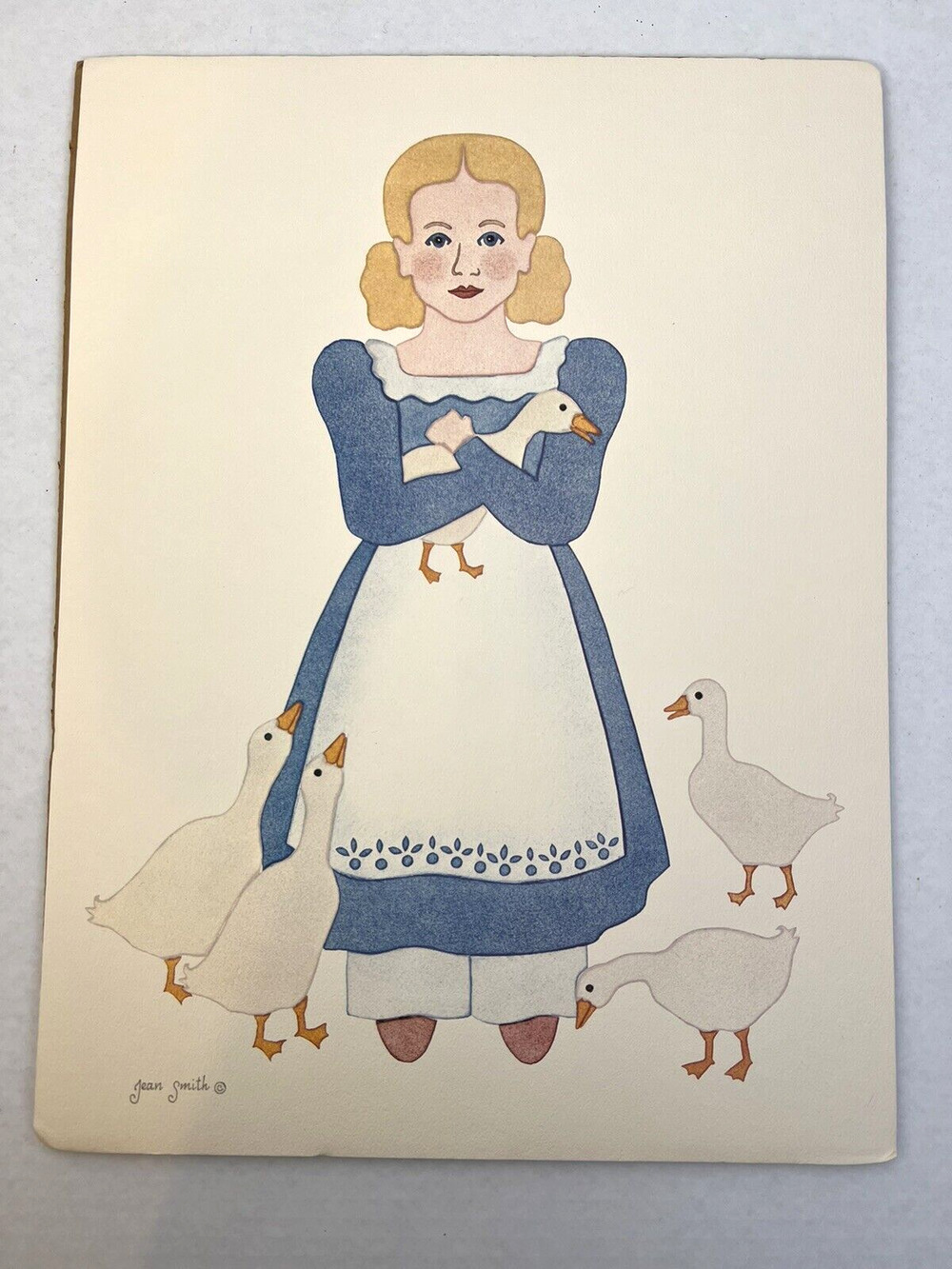 Young Girl And Ducks Art Print Jean Smith 1984 Blue Cream Cottage Folk Art